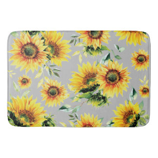 Watercolor Sunflowers on Grey Bath Mat