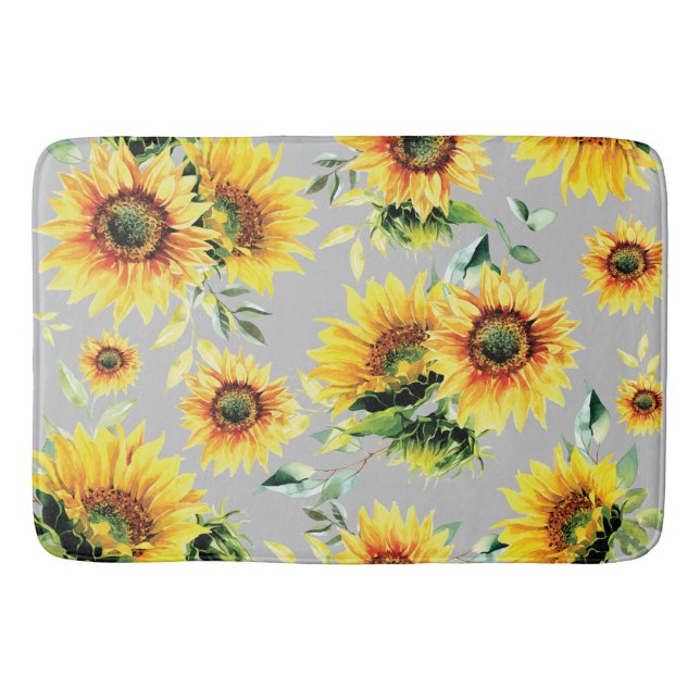 Watercolor Sunflowers on Grey Bath Mat (Front)