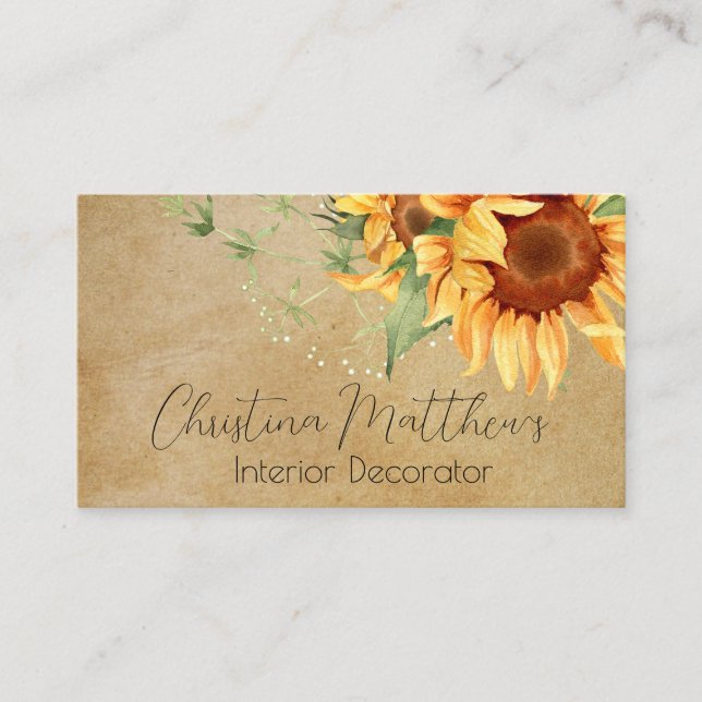 Watercolor Sunflowers on Rustic Parchment Business Card (Front)