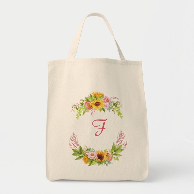 Watercolor Sunflowers Peonies Roses Monogram Boho Tote Bag (Front)