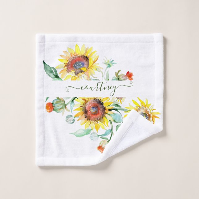Watercolor sunflowers personalised    bath towel set (Wash Cloth)