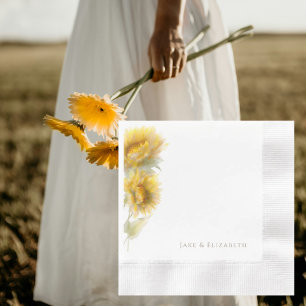 Watercolor Sunflowers Personalised Coined Wedding Napkin