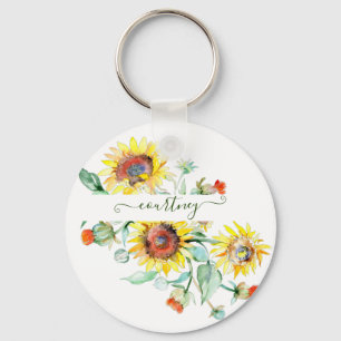 Watercolor sunflowers personalised key ring