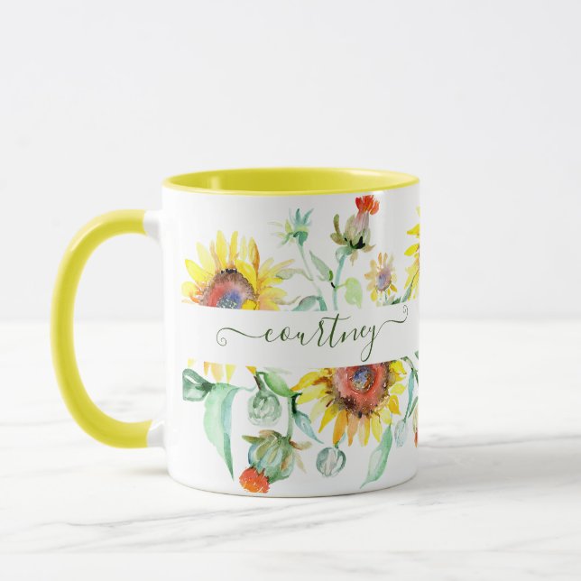 Watercolor sunflowers personalised mug (Left)