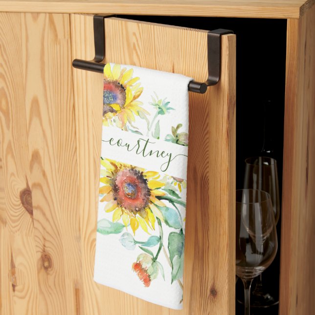 Watercolor sunflowers personalised    tea towel (Thirds Fold)