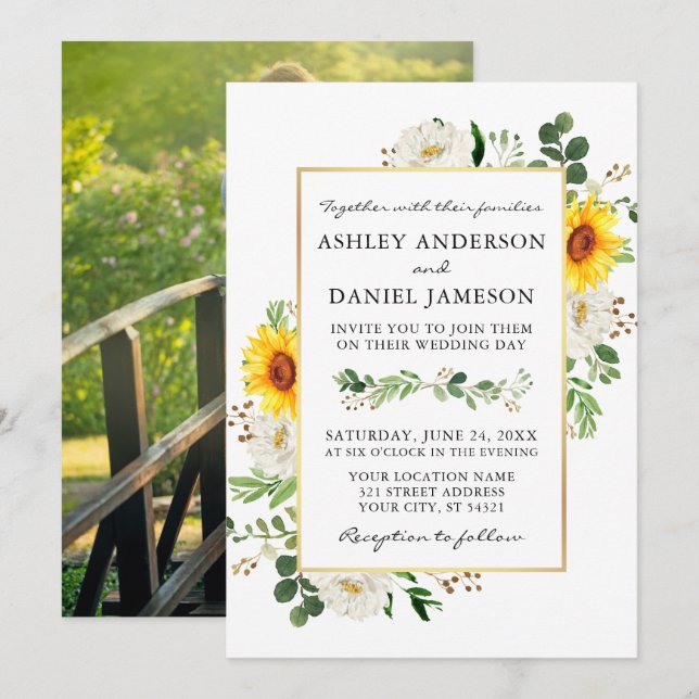 Watercolor Sunflowers Photo White Floral Wedding Invitation (Front/Back)