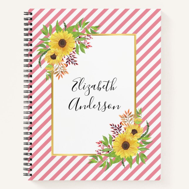 Watercolor sunflowers, pink and white stripes notebook (Front)