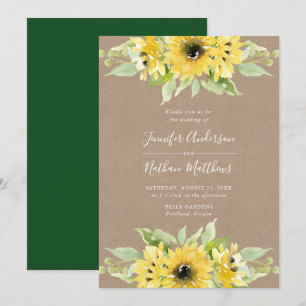 Watercolor Sunflowers   Rustic Kraft Paper Wedding Invitation