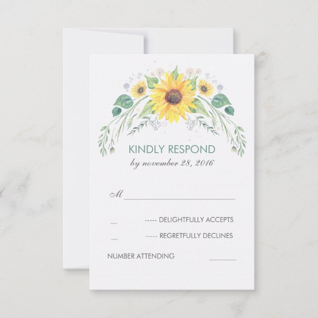 Watercolor Sunflowers Rustic Wedding RSVP Card (Front)