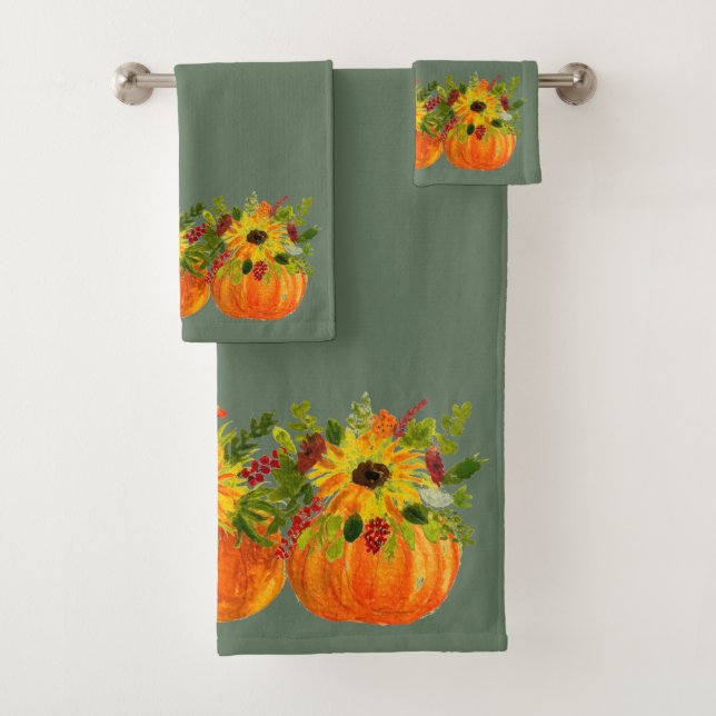 Watercolor Sunflowers Thanksgiving Pumpkins Fall  Bath Towel Set (Insitu)