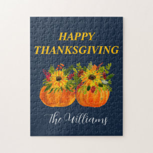 Watercolor Sunflowers Thanksgiving Pumpkins Fall Jigsaw Puzzle
