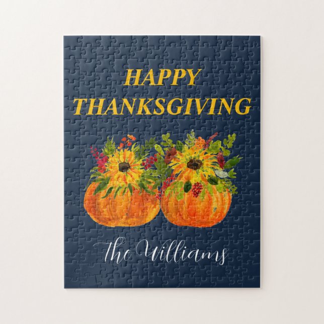 Watercolor Sunflowers Thanksgiving Pumpkins Fall  Jigsaw Puzzle (Vertical)