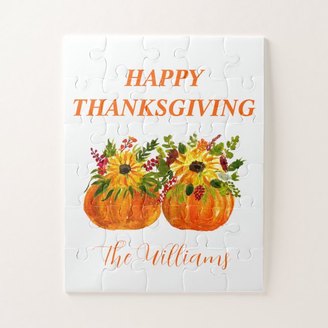 Watercolor Sunflowers Thanksgiving Pumpkins Fall  Jigsaw Puzzle (Vertical)