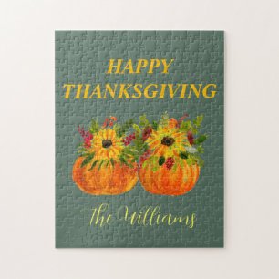 Watercolor Sunflowers Thanksgiving Pumpkins Fall  Jigsaw Puzzle