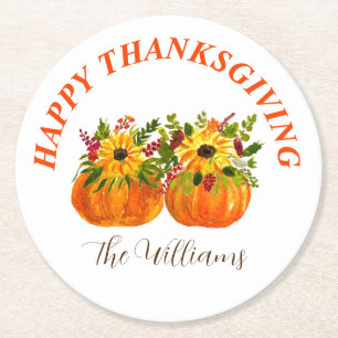 Watercolor Sunflowers Thanksgiving Pumpkins Fall Round Paper Coaster