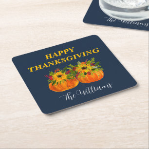 Watercolor Sunflowers Thanksgiving Pumpkins Fall  Square Paper Coaster