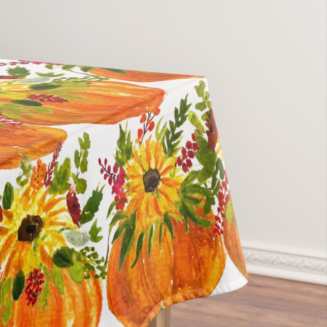 Watercolor Sunflowers Thanksgiving Pumpkins Fall  Tablecloth (In Situ)