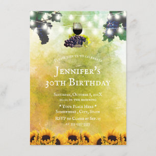 Watercolor Sunflowers Vineyard Wine 30th Birthday Invitation
