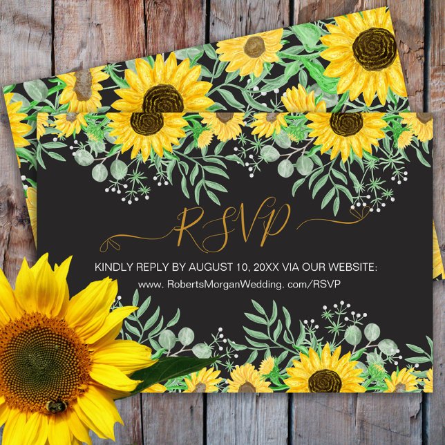 Watercolor Sunflowers Wedding Website Black RSVP Card (Creator Uploaded)