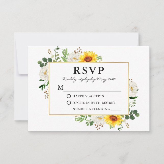 Watercolor Sunflowers White Floral Gold Wedding RSVP Card (Front)