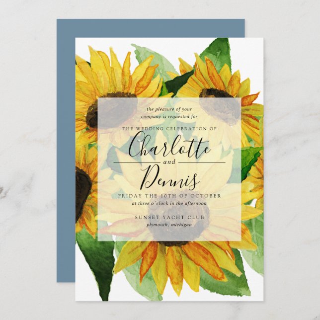 Watercolor sunflowers with blush blue wedding invitation (Front/Back)