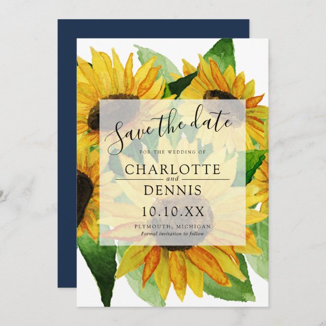Watercolor sunflowers with navy blue save the date invitation (Front/Back)