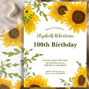 Watercolor Sunflowers Women's 100th Birthday Invitation