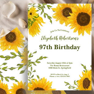 Watercolor Sunflowers Women's 97th Birthday Invitation