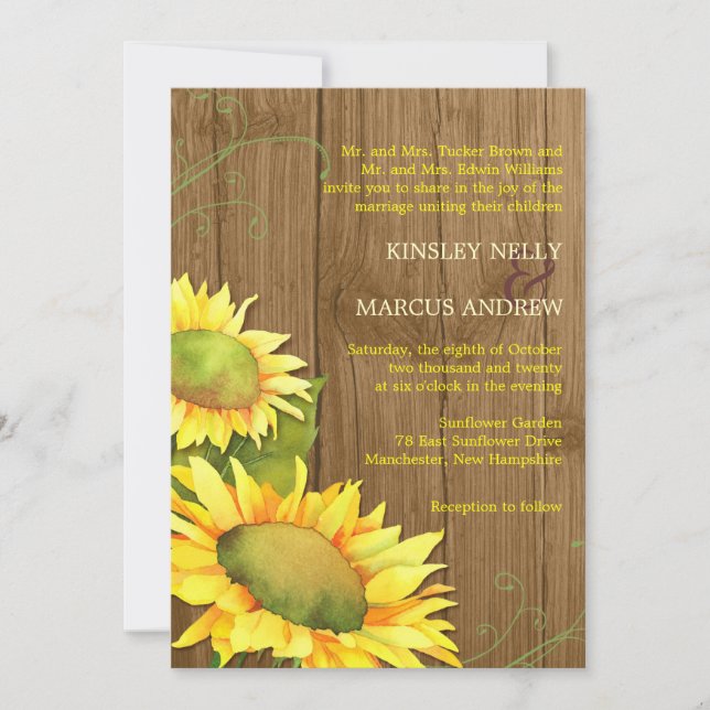 Watercolor Sunflowers & Wood Grain Wedding Invitation (Front)