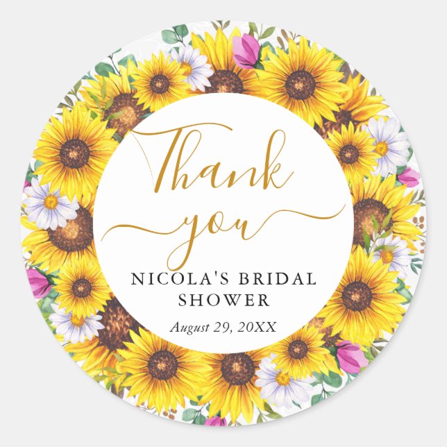 Watercolor Sunflowers Wreath Bridal Shower Classic Round Sticker (Front)