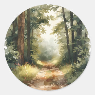Watercolor Sunlit Forest Path Painting Classic Round Sticker