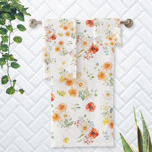 Watercolor Sunny Flowers Floral Pattern Bath Towel Set