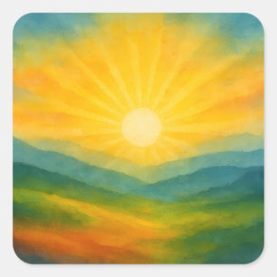 Watercolor Sunrise Landscape Painting Square Sticker