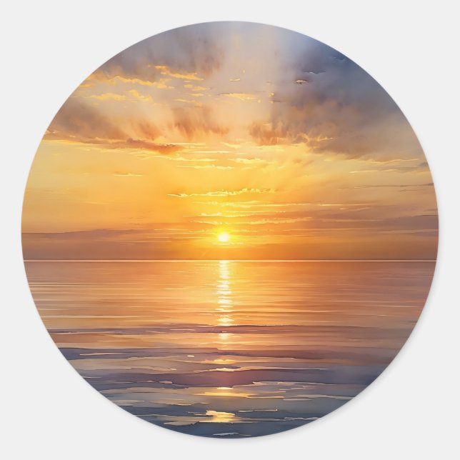 Watercolor Sunrise Over Calm Sea Classic Round Sticker (Front)
