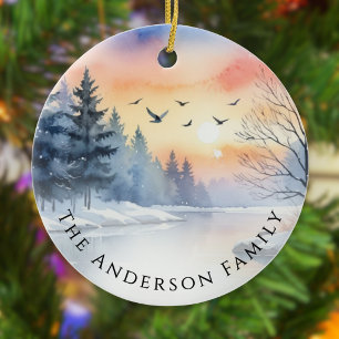 Watercolor Sunrise Winter Birds Lake Christmas Ceramic Tree Decoration