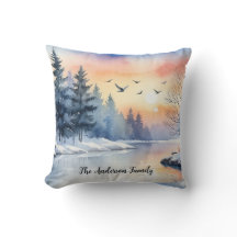 Watercolor Sunrise Winter Birds Lake Christmas
