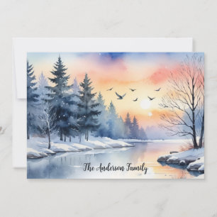 Watercolor Sunrise Winter Birds Lake Christmas Holiday Card