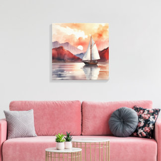 Watercolor Sunrise With Yacht Canvas Print