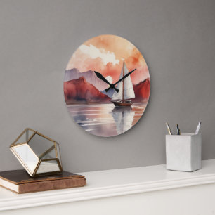 Watercolor Sunrise With Yacht Large Clock