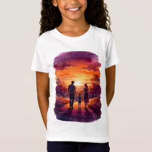 Watercolor Sunset Family Walk – Silhouette Art T-S T-Shirt