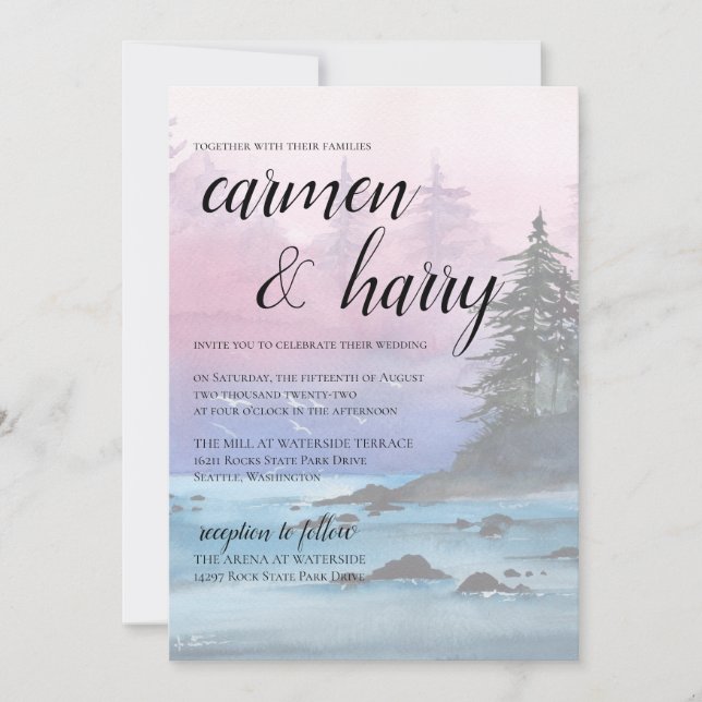 Watercolor Sunset Lake Wedding Invitation (Front)