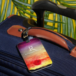 Watercolor Sunset Mountains Monogrammed Luggage Tag