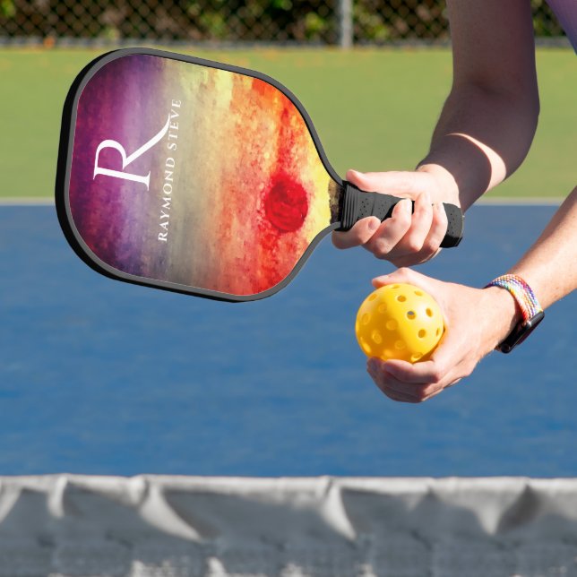 Watercolor Sunset Mountains Monogrammed Pickleball Paddle (Insitu)
