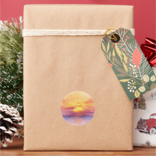 Watercolor Sunset Ocean Horizon Aesthetic Round St Classic Round Sticker