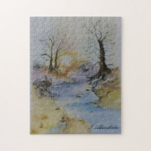 Watercolor sunset on river and landscape jigsaw puzzle