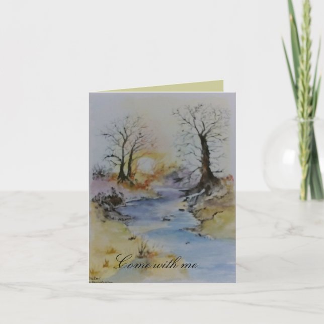 Watercolor sunset on river and landscape thank you card (Front)