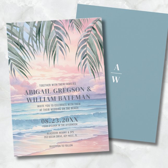 Watercolor Sunset On The Beach Wedding Invitation (Tropical Sunset Beach Wedding Invitation)