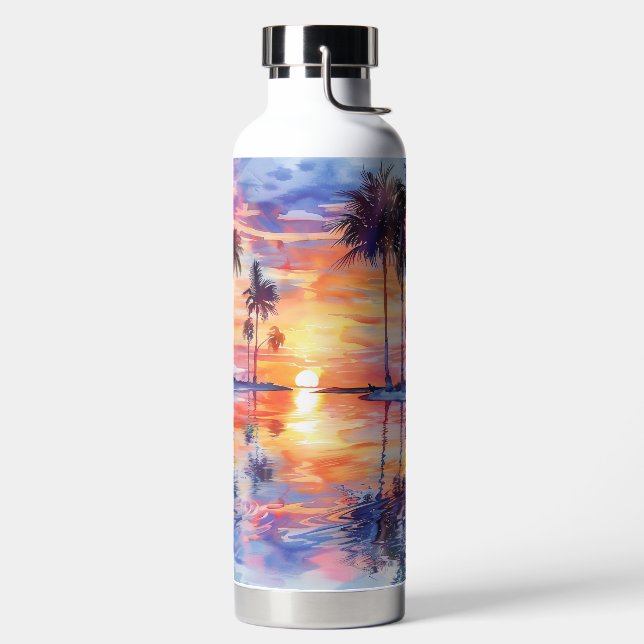 WATERCOLOR SUNSET ON TROPICAL BEACH BY OCEAN WATER BOTTLE (Left)