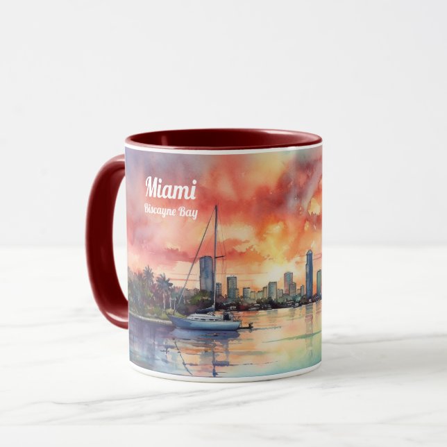 Watercolor sunset over Miami from Biscayne Bay Mug (Front Left)