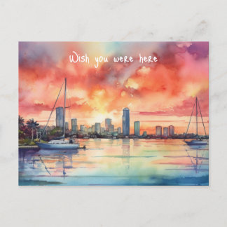 Watercolor sunset over Miami from Biscayne Bay Postcard